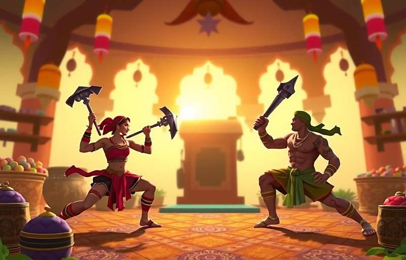 Ginger Glory Gala Gameplay Screenshot Ginger Glory Gala gameplay showing two ginger warriors battling in a traditional Indian market setting